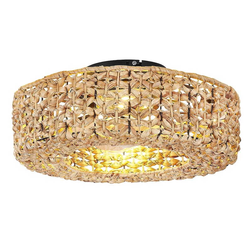 20" Indoor 100-240V Flush Mount Rattan Cage Ceiling Fan with Light - 19.7 Inches - Black