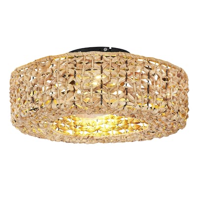20 in. Indoor Rattan 100-240 V Flush Mount Farmhouse Rattan Cage Ceiling Fan with Light - 19.7 Inches