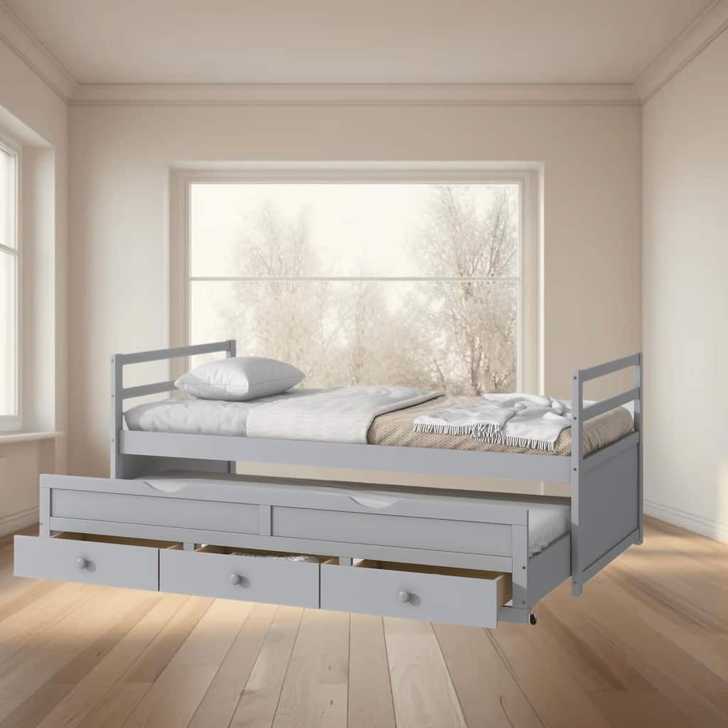 Twin Size Bed Frame with Trundle, Storage Drawers, Headboard and Footboard, Space-Saving Pine Wood Design for Small Bedrooms