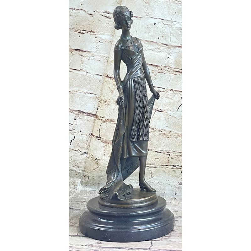 High Society Lady Is Poised And Elegant Dressed Bronze Sculpture Marble Base Fig
