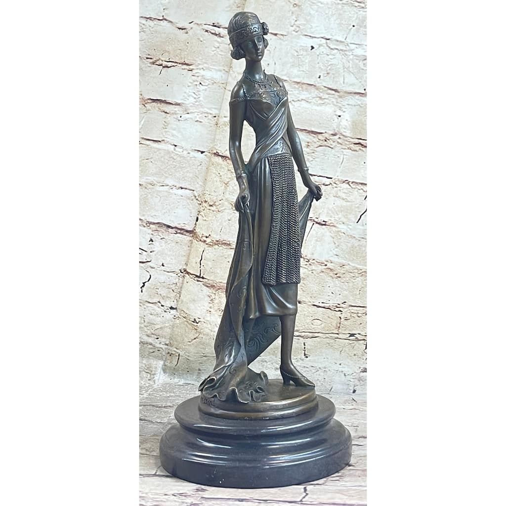 High Society Lady Is Poised And Elegant Dressed Bronze Sculpture Marble Base Fig