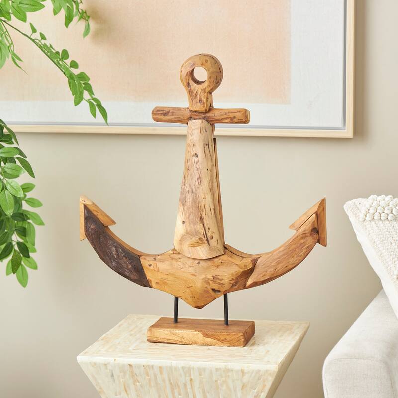 Brown Teak Wood Handmade Anchor Decorative Sculpture with Mosaic Live Edge Pieces - Brown