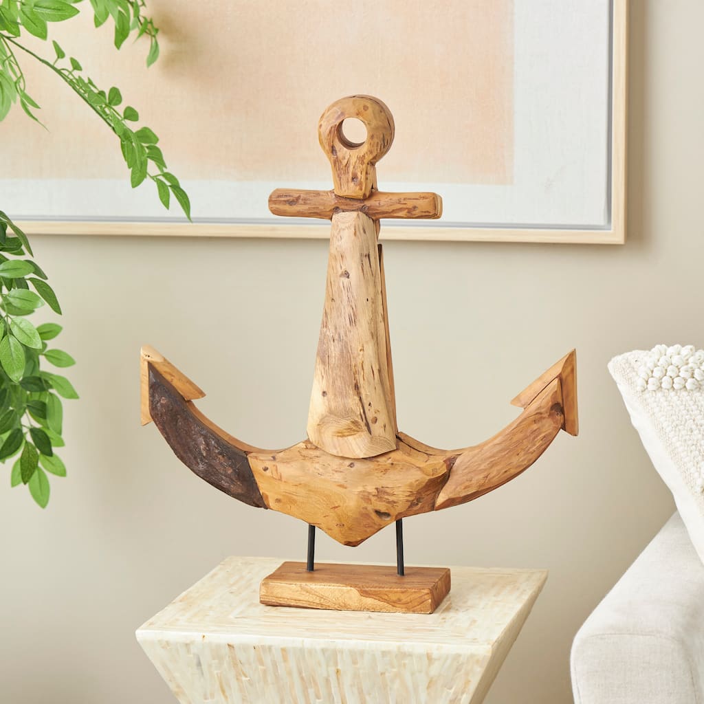 Brown Teak Wood Handmade Anchor Decorative Sculpture with Mosaic Live Edge Pieces