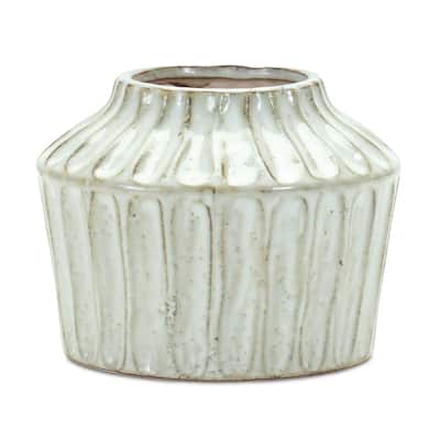 6 Inch Ivory Terracotta Table Vase Ribbed Round Home Decor