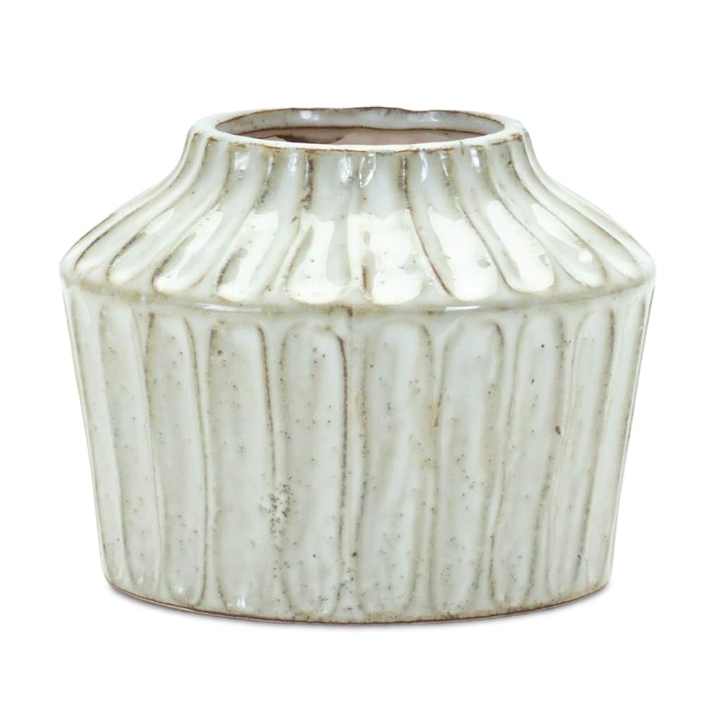 6 Inch Ivory Terracotta Table Vase Ribbed Round Home Decor