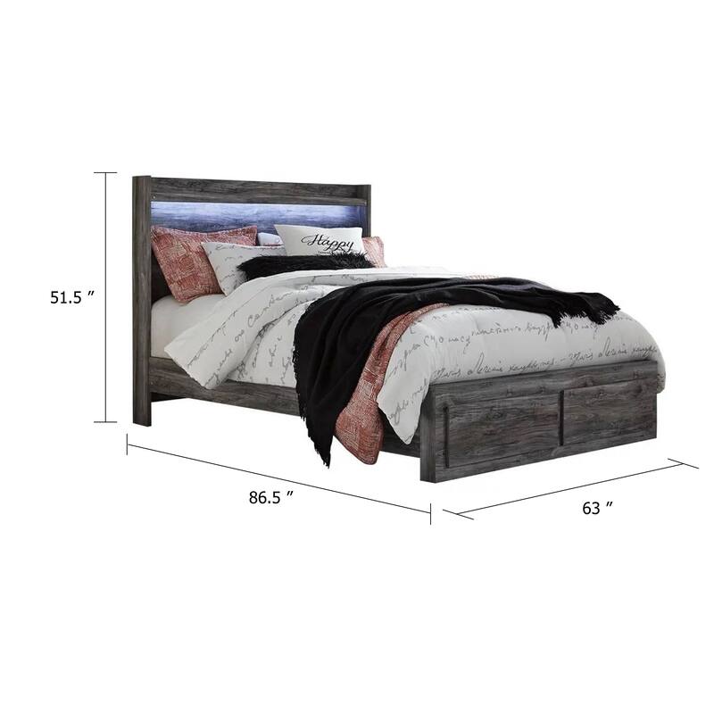 Bays Queen Size Storage Bed with 2 Drawers, Driftwood Smoke Gray, LED