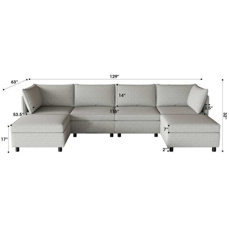 68'' L-Shaped 6-Seater Modular Sectional Sofa with Storage, Convertible Ottoman, High-Density Foam, and Pocket Springs