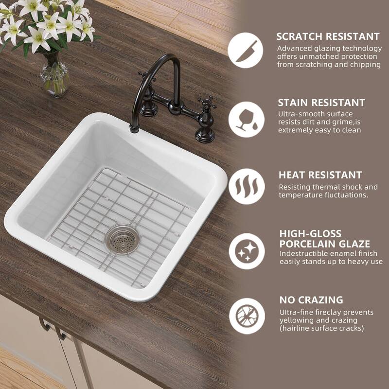 18" L X 18" W Fireclay Single Bowl Drop-In Kitchen Sink Undermount Farmhouse Sink With Accessory