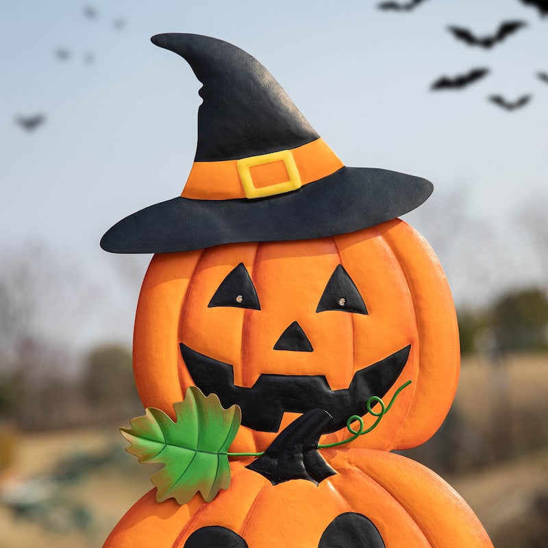 Glitzhome Lighted Halloween Metal Stacked Jack-O-Lantern Yard Stake Hanging Sign