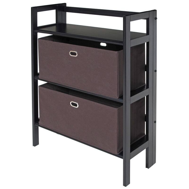 Torino 3-Pc Foldable Shelf with 2 Foldable Wide Fabric Baskets, Black and Chocolate - 27.8 x 11.5 x 38.54 inches