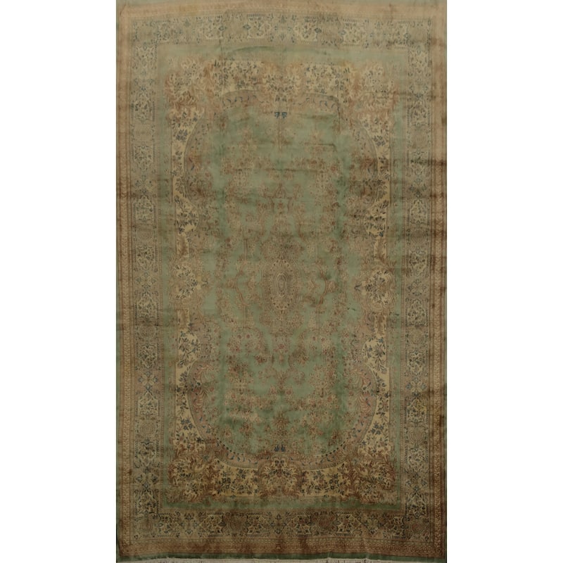 Hand Knotted Oriental 100% Wool Carpet Traditional Floral Green Kerman Area Rug - 19' 1'' X 11' 9''