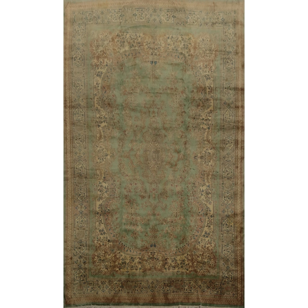 Hand Knotted Oriental 100% Wool Carpet Traditional Floral Green Kerman Area Rug - 19' 1'' X 11' 9''