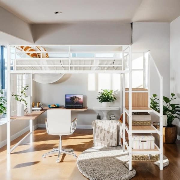 slide 2 of 30, Artsy Full Size Metal Loft Bed with Desk and Metal Grid, Stylish Metal Frame Bed with Lateral Storage Ladder and Wardrobe, White White