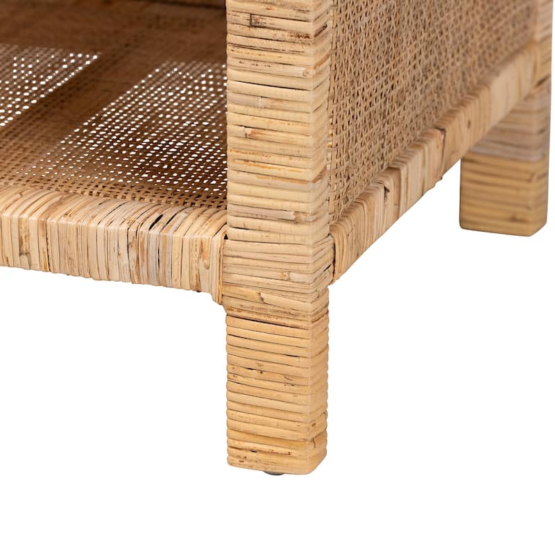 Bella Modern Bohemian Natural Brown Mahogany Wood and Natural Rattan 1-Drawer Nightstand