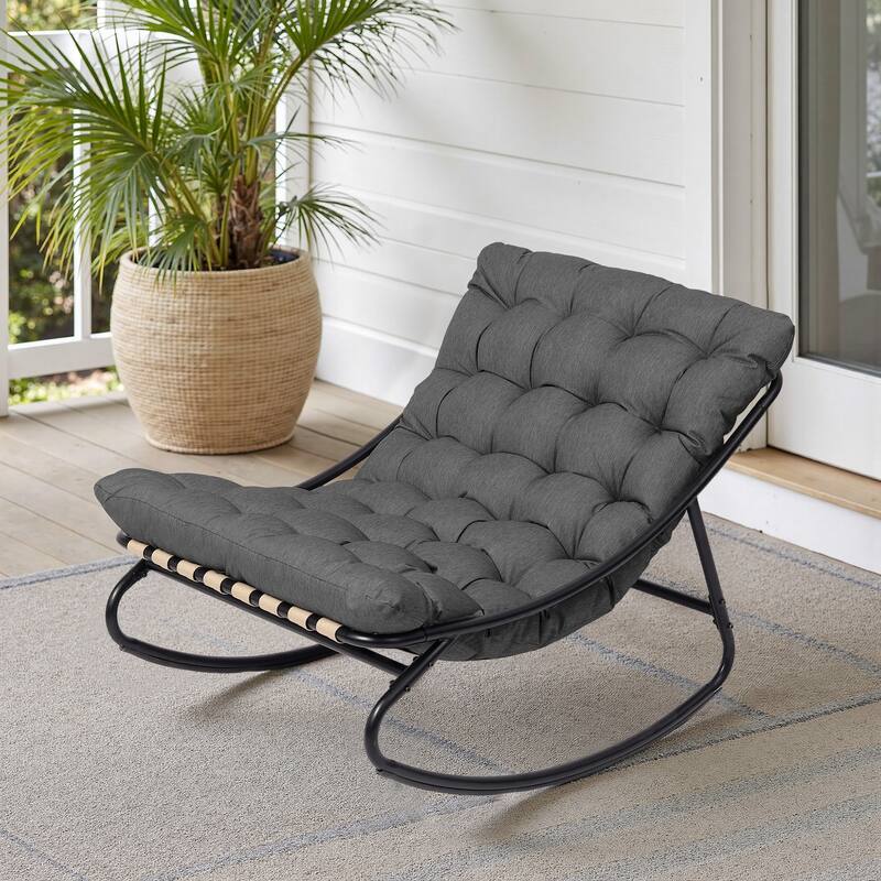 Outdoor Patio Scoop Rocking Lounge Chair with Cushions - Grey