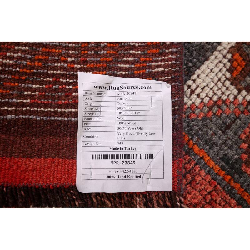 Tribal Anatolian Turkish Vintage Runner Rug Hand-Knotted Wool Carpet - 2'11"x 10'0"