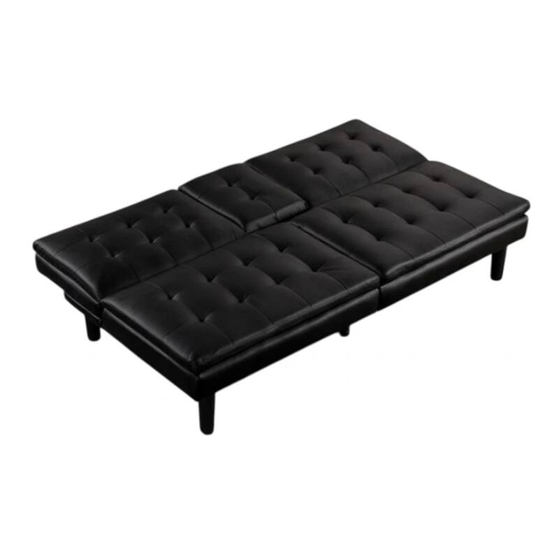 Berie Futon Sofa Bed, Drop-Down Tray, Cupholder, Black Faux Leather