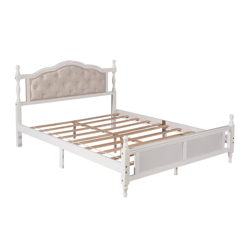 Solid Wood Queen Size Platform Bed Frame with Upholstered Headboard