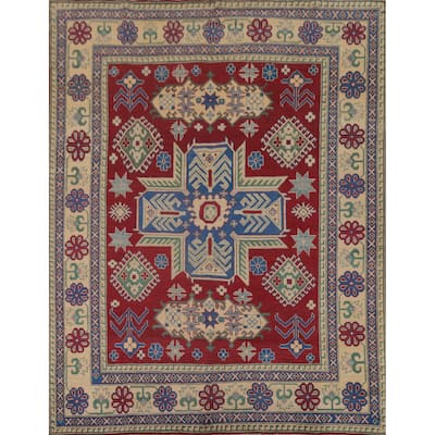 Red Geometric Kazak Area Rug Hand-Knotted Wool Carpet - 8'1" x 9'7"