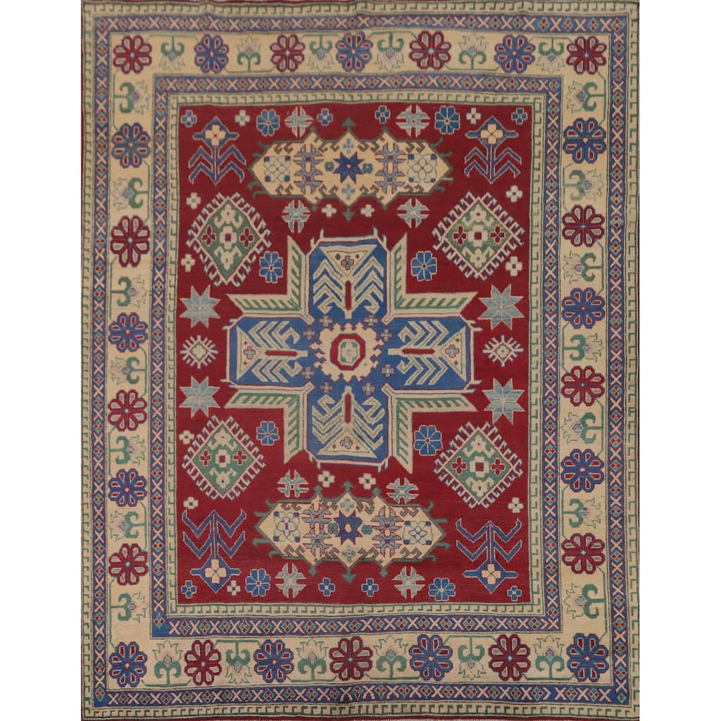 Red Geometric Kazak Area Rug Hand-Knotted Wool Carpet - 8'1" x 9'7"