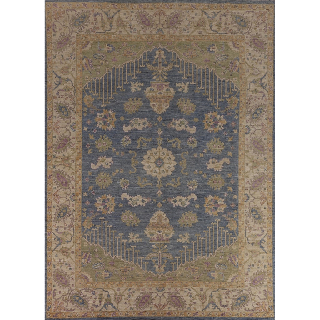 Vegetable Dye Blue Oushak Turkish Area Rug Handmade Wool Carpet - 9'0"x 11'9"