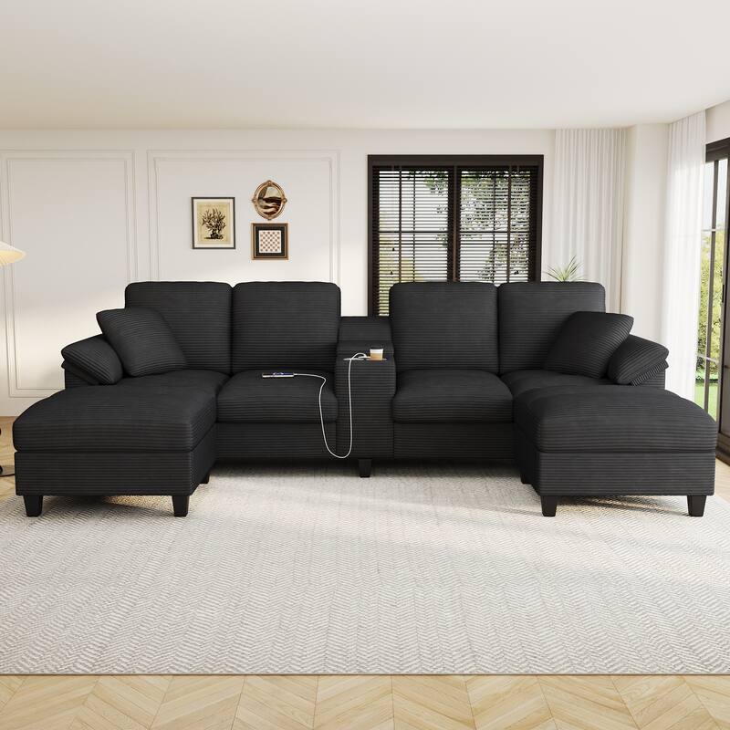 Corduroy Upholstered 4 Seat Sofa, U-shaped Sectional Sofa with Movable Storage Ottomans, Console, Cup Holders and USB Ports - Black