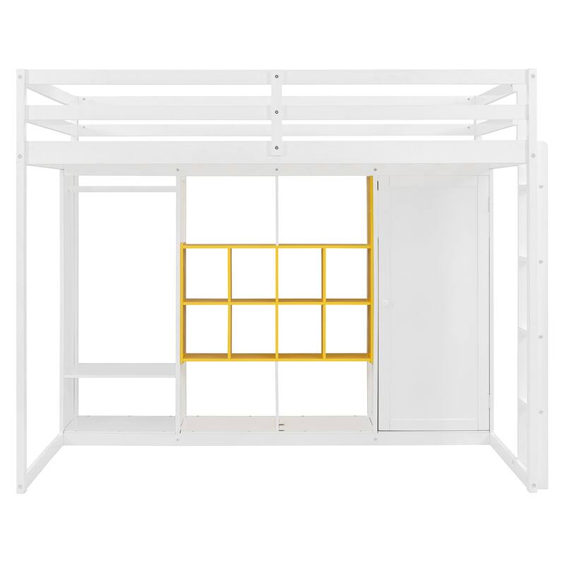 Wooden High Loft Bed with Reversible Ladder, Storage Loftbed Frame with Wardrobe, Shelves and Cabinet, No Box Spring Needed