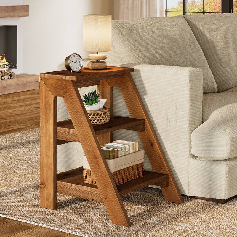 Solid Wood End Table with Storage Shelves, 3-Tier Ladder Shape Side Table