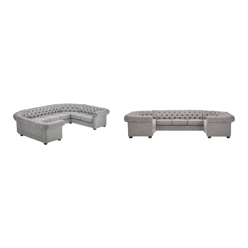 Gdansk 9-Seat U-Shaped Chesterfield Sectional Sofa - Grey Linen