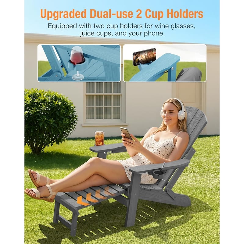 WINSOON All Weather HIPS Folding Adirondack Chair with Adjustable Backrest and Retractable Ottoman