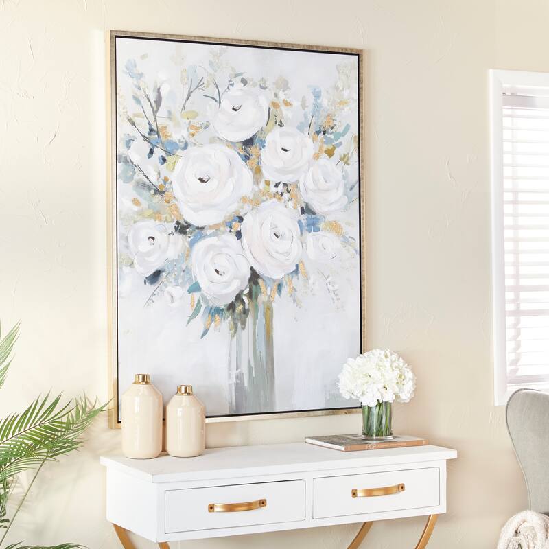 White Canvas Bouquet Floral Framed Wall Art with Silver Frame - 36 x 2 x 48 - Plastic - White