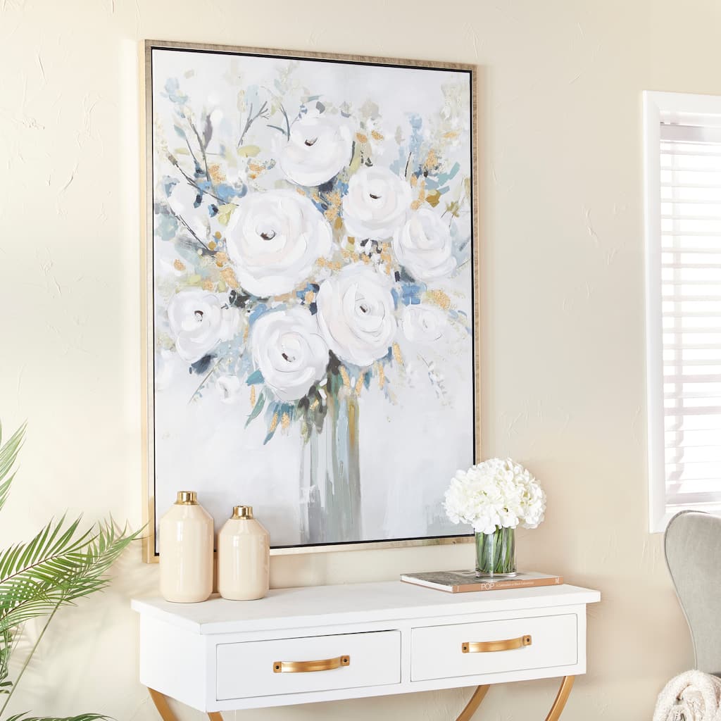 White Canvas Bouquet Floral Framed Wall Art with Silver Frame
