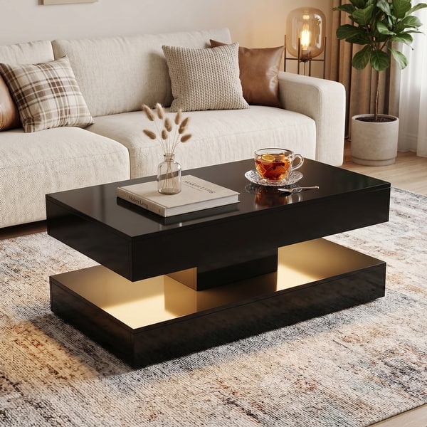 LED Coffee Table with Storage Modern High Glossy Center Table with 2 Sliding Drawers for Living Room - Black