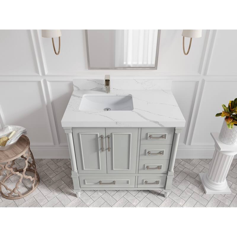 Willow Collections 36 in. W x 22 in. D Aberdeen Left Offset Sink Bathroom Vanity with Countertop - 2" Calacatta Laza - Coventry Gray