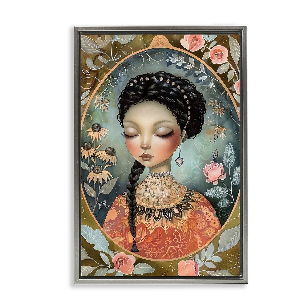 Stupell Floral Edged Portrait of Woman Framed Floater Canvas Wall Art Design By The Dutch Lady