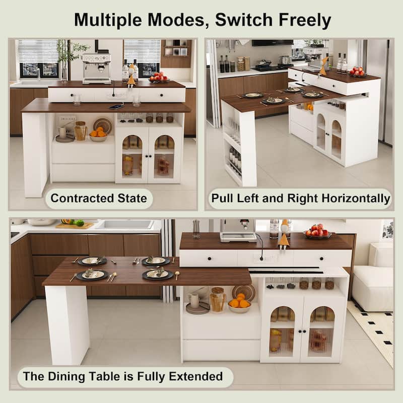 Anmytek Expandable Kitchen Island with Dining Table and Charging Station 3 Mode Multifunctional Rolling Cart