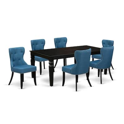 Modern Dining Table Set - 6 Linen Fabric Chairs, Mineral Blue & Black Kitchen Table - 84