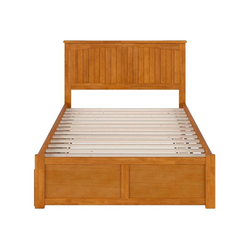 Solid Wood Platform Bed with Footboard & Trundle - Full Size Bed Frame, Light Toffee Finish