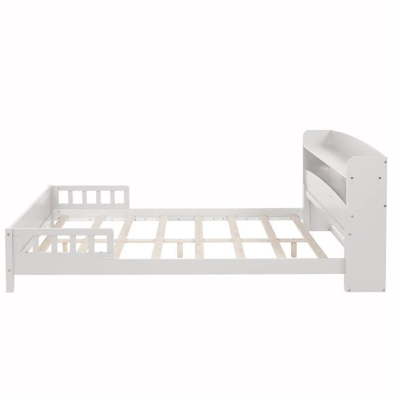 Full Size Platform Bed with LED Motion Sensor Light, Bookcase, And Adjustable Guardrails