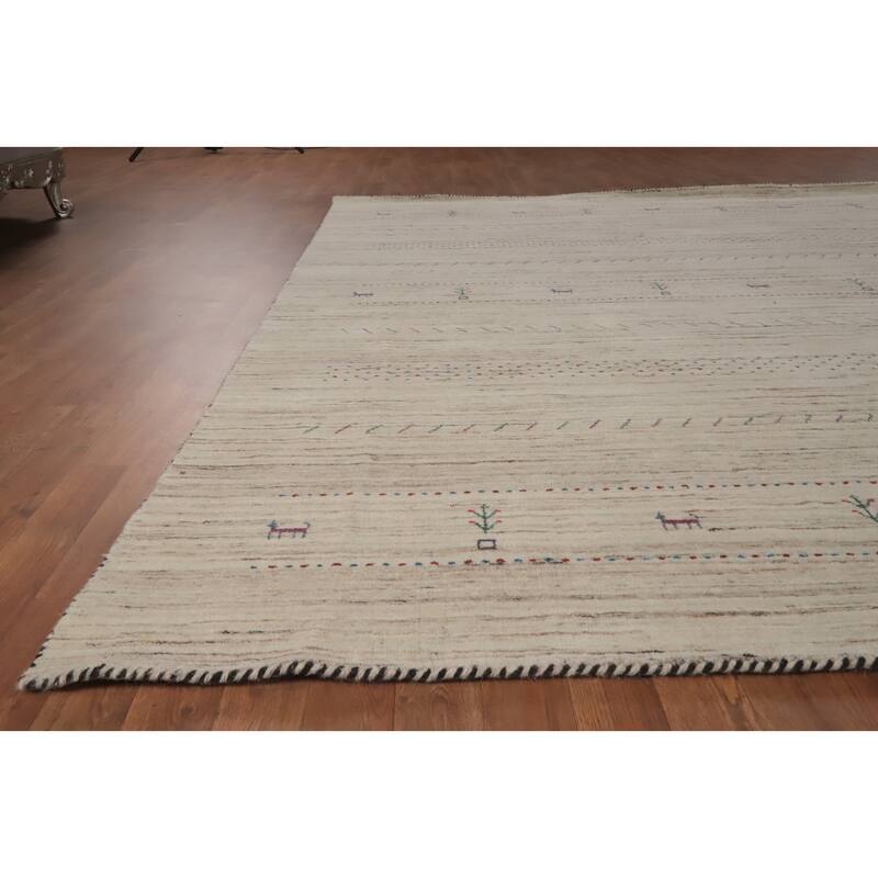 Hand Knotted Oriental 100% Wool Carpet Tribal Animal Pictorial Beige & Ivories Gabbeh Area Rug - 9' 8'' X 7' 11''