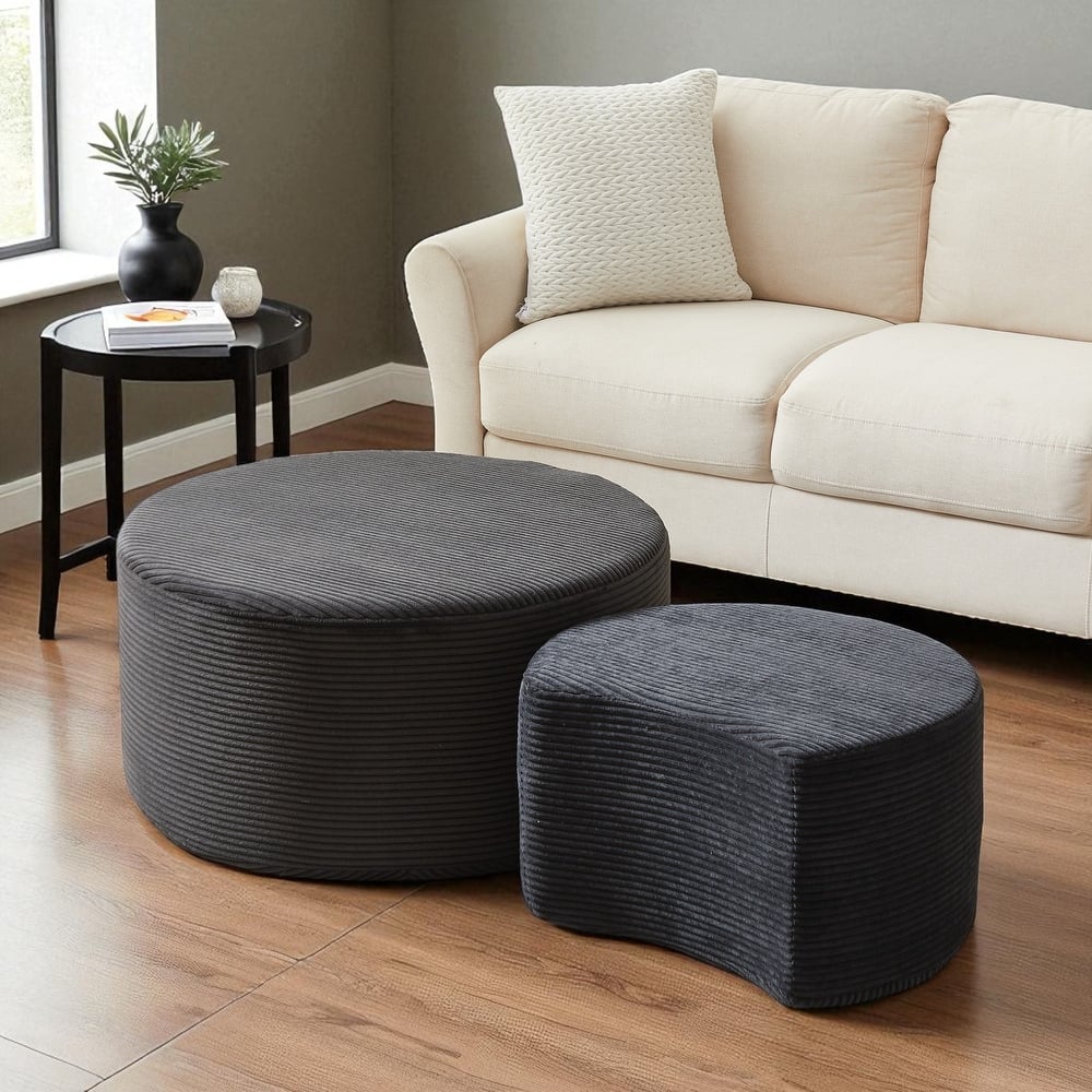 Set of 2 Round Nesting Coffee Tables, Upholstered Corduroy Ottoman Accent Tables, Modern Foam Design, No Assembly