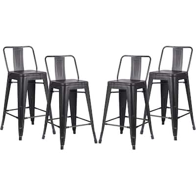 24" Sanded Matte Black Industrial Contemporary Rustic Metal Barstools with Bucket Back, Set of 4