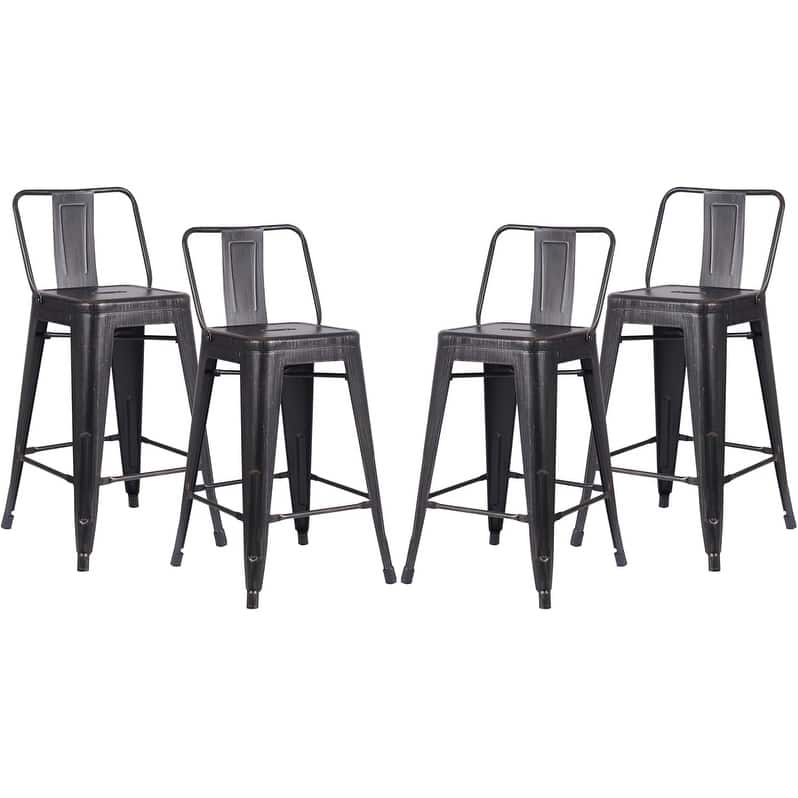 24" Sanded Matte Black Industrial Contemporary Rustic Metal Barstools with Bucket Back, Set of 4