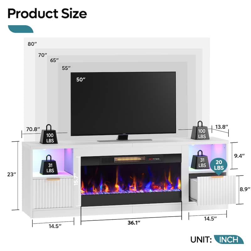 Bestier 71 in. Fluted Glossy White TV Stand with Electric Fireplace Fits TV Up to 80 in. Entertainment Center with Cabinet