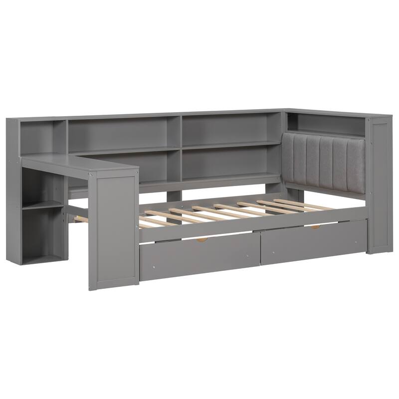 Wood Daybed Twin Size Platform Bed with Storage Shelves, Drawers, Charging Station, Desk, LED and Upholstered Cushion Headboard