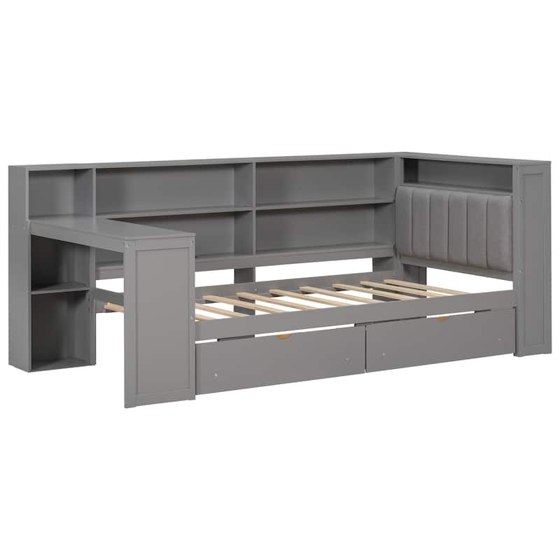 Wood Twin Size Platform Bed With Storage Shelves,Drawers,Charging Station,Led,Desk And Upholstered Headboard