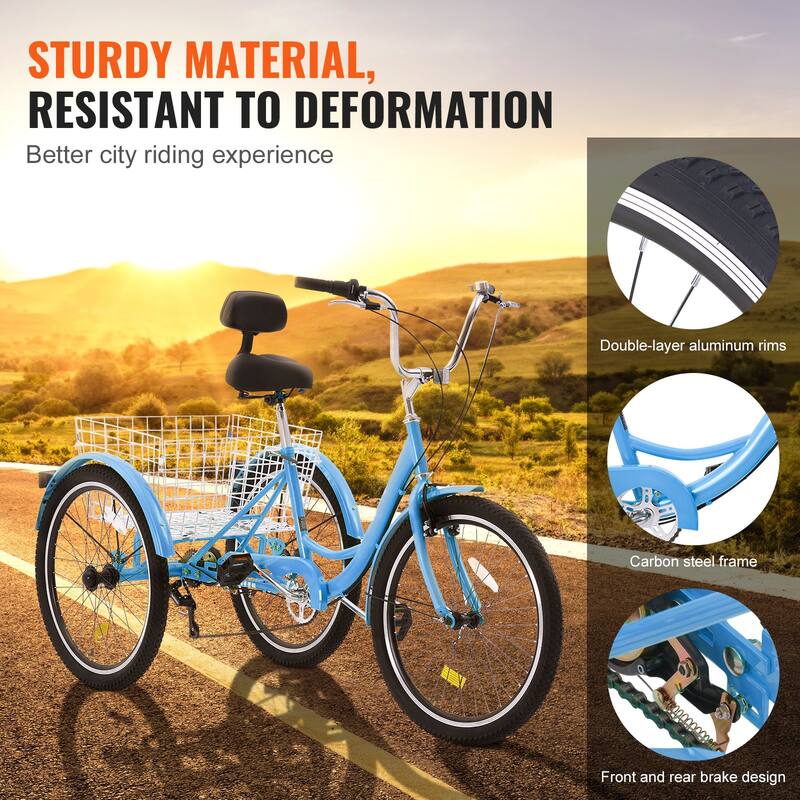 Blue Carbon Steel Tricycle with Basket, Comfort Seat and Stable Ride - 64.2” L x 25.8” W x 40.2” H