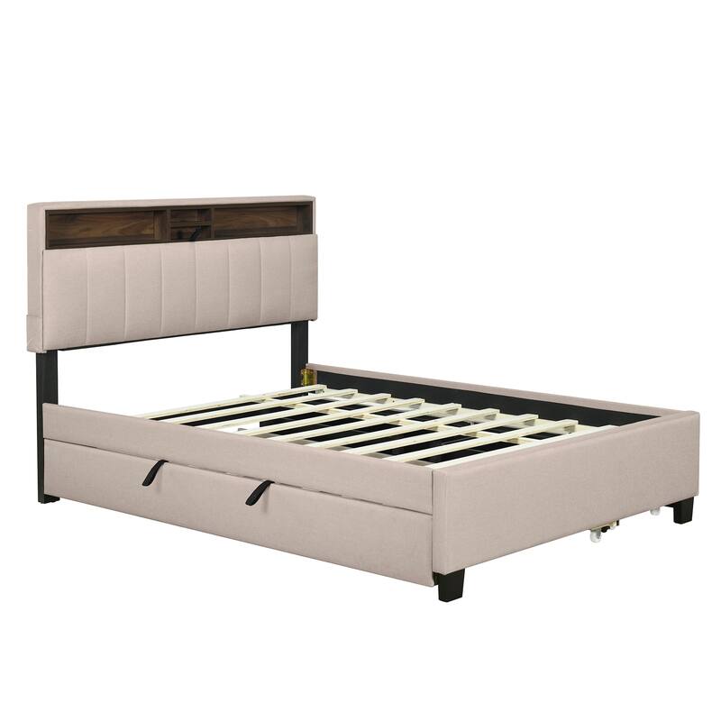 Full Size Upholstered Platform Bed with Storage Headboard, Twin Trundle, Drawers & USB Ports, Beige Linen Fabric