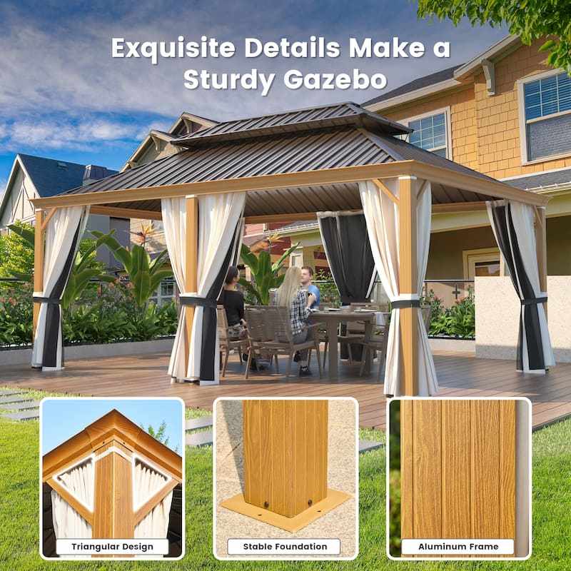 EROMMY Hardtop Gazebo W/Steel Double Roof, Anti-Rust Coating Aluminum Frame Permanent, Hard Top Gazebo for Garden Lawn Parties