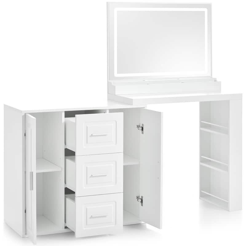 59" White Makeup Vanity Desk with Mirror Lights Drawers Cabinets Shelves